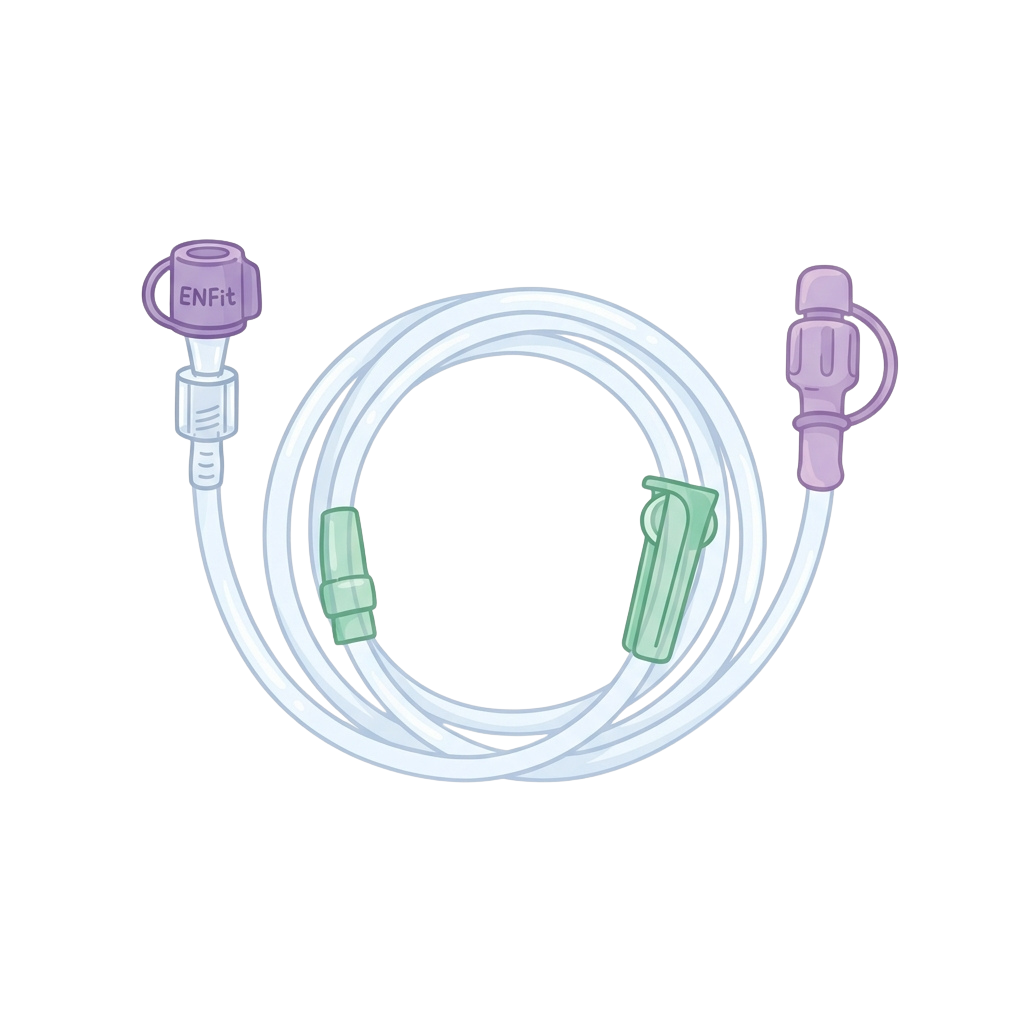 Medical tubing with purple Enfit connectors and green valve attachments laid out on a black background