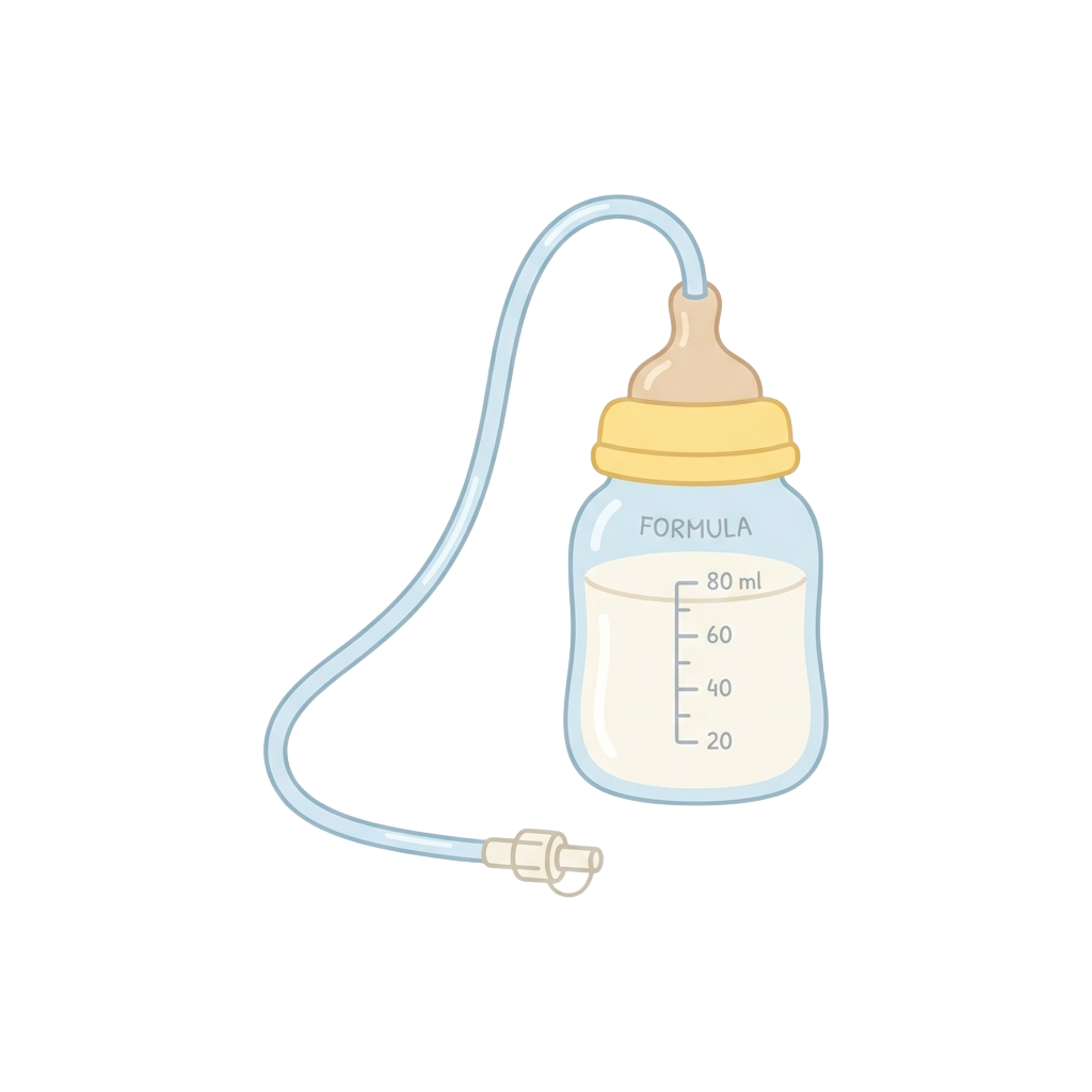 Illustration of a baby bottle containing formula with a clear measurement scale and attached teat