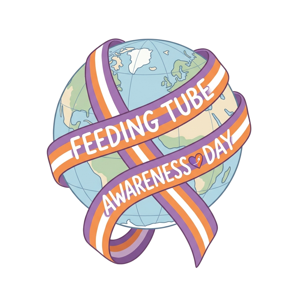 A globe wrapped with a ribbon displaying Feeding Tube Awareness Day text and a heart symbol