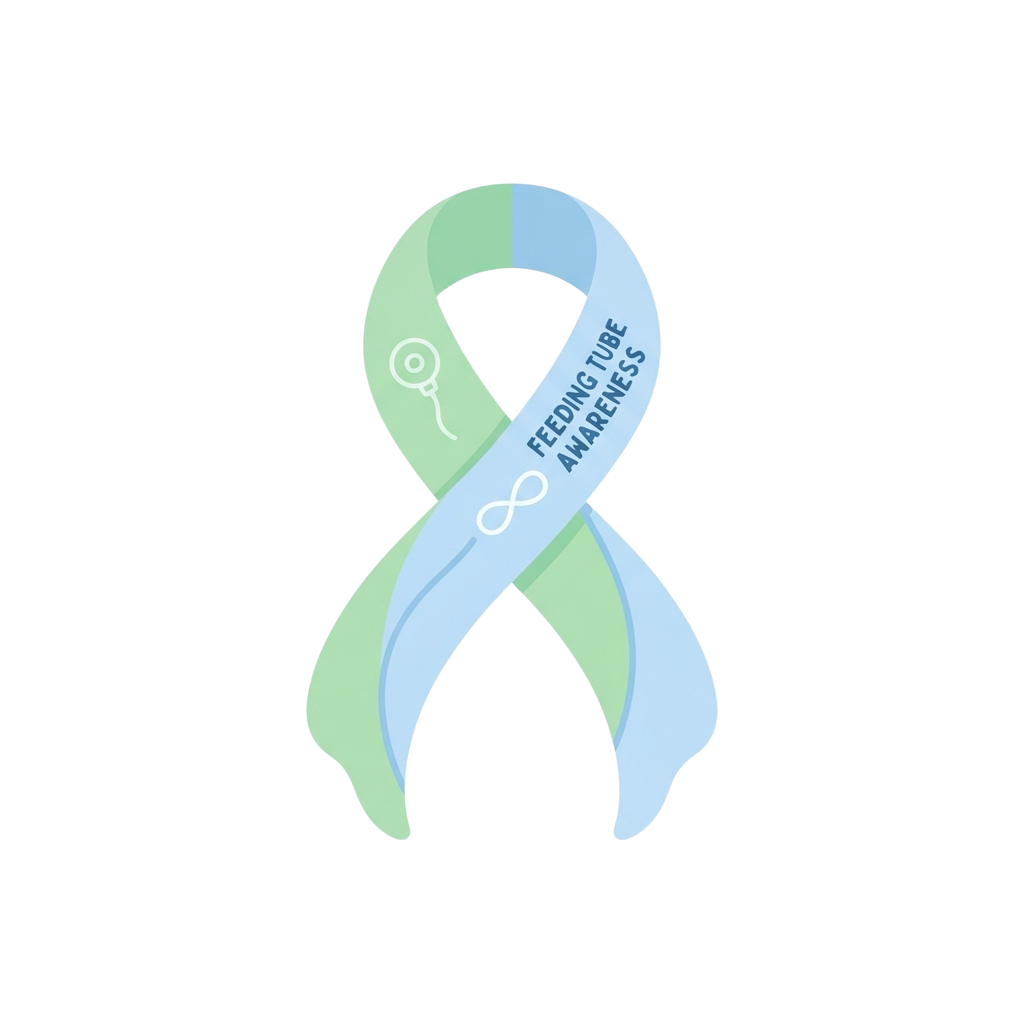 Light blue and green ribbon symbol for feeding tube awareness with infinity symbol and text