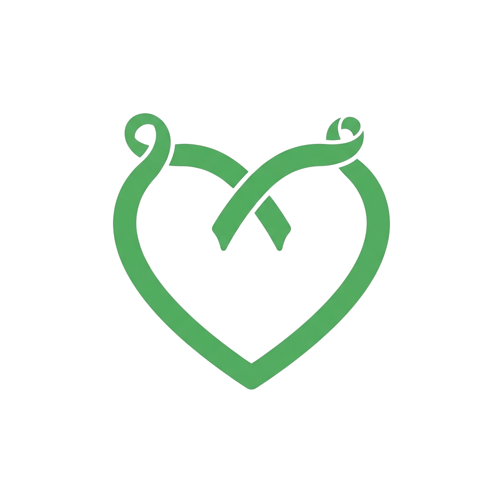 A green heart shape with a decorative ribbon tied around it on a black background