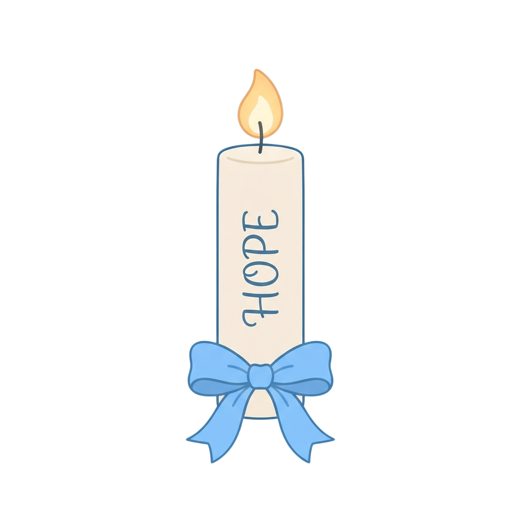 Illustration of a white candle with the word hope written on it and a blue ribbon tied around the base