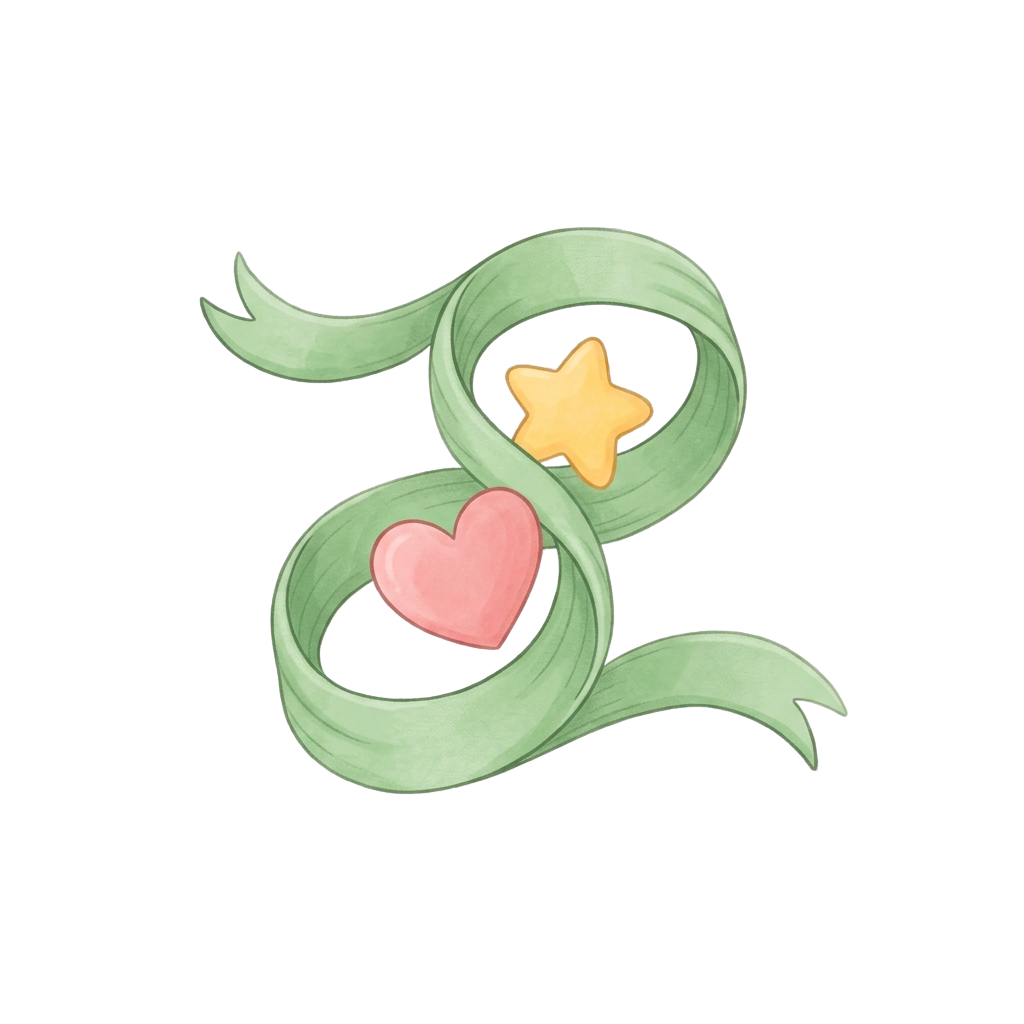 A green infinity symbol featuring a pink heart and a yellow star inside its loops