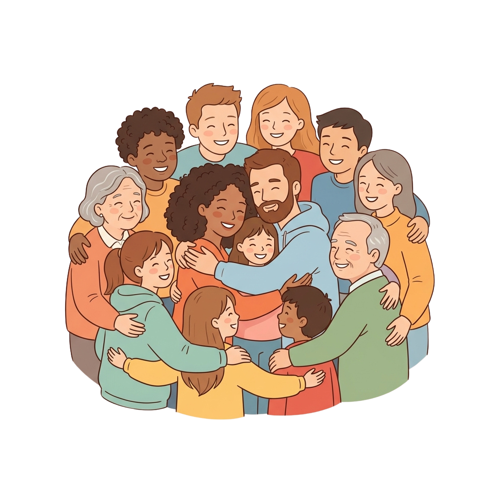 Illustration of a diverse group of people of different ages hugging and smiling together in a circle