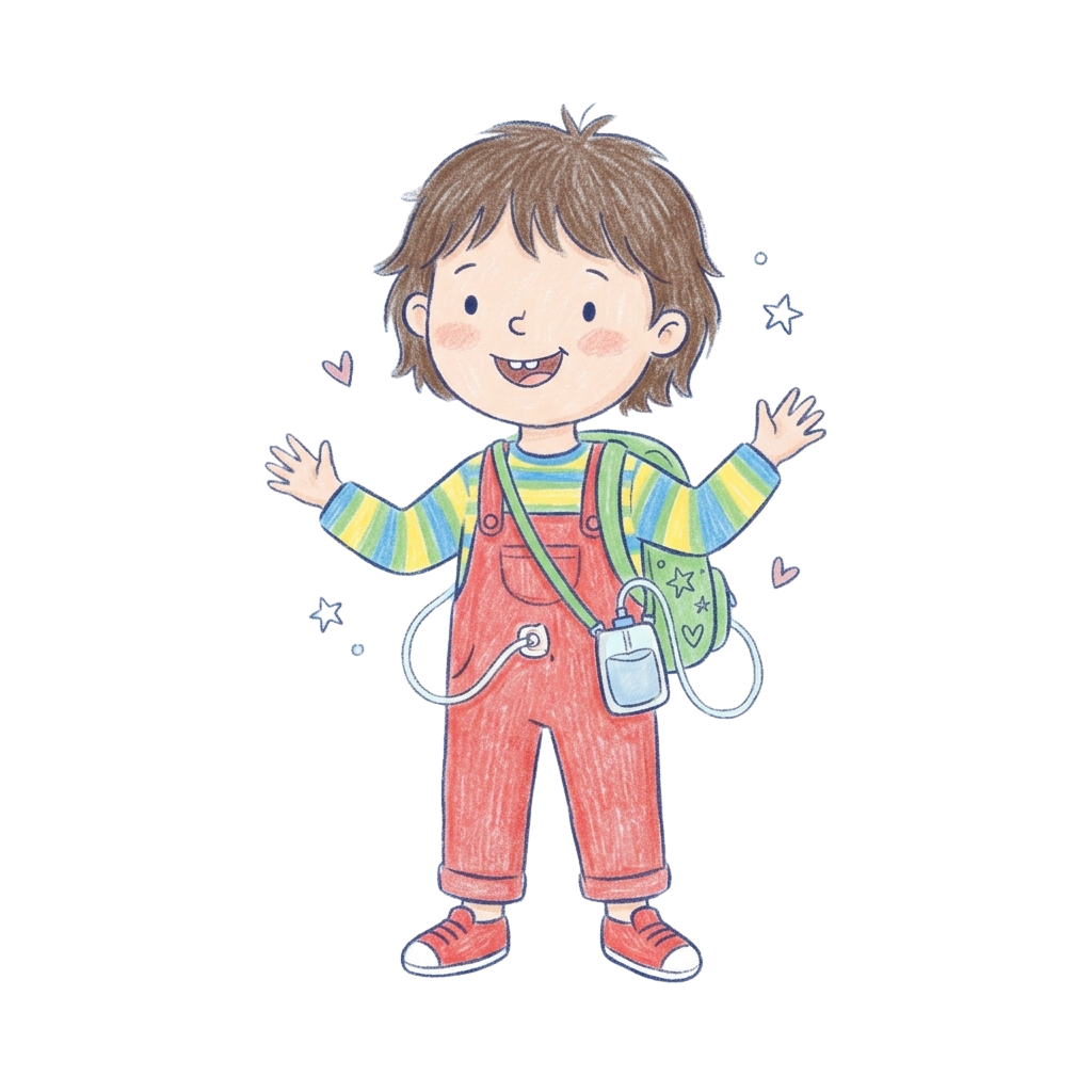 Smiling child with curly hair wearing colorful striped shirt, red overalls, and a backpack with a water bottle.