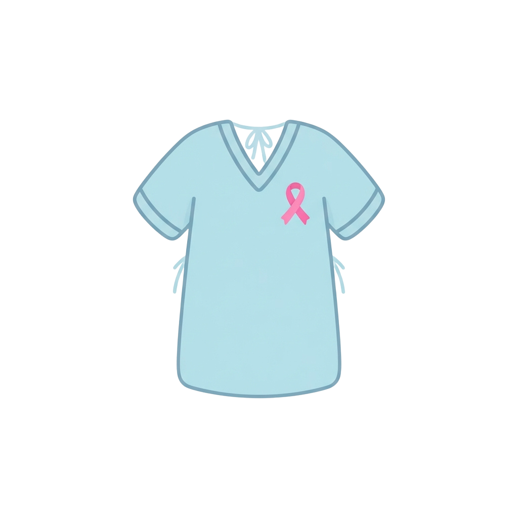 Light blue V-neck T-shirt with a pink ribbon awareness symbol on the left chest area
