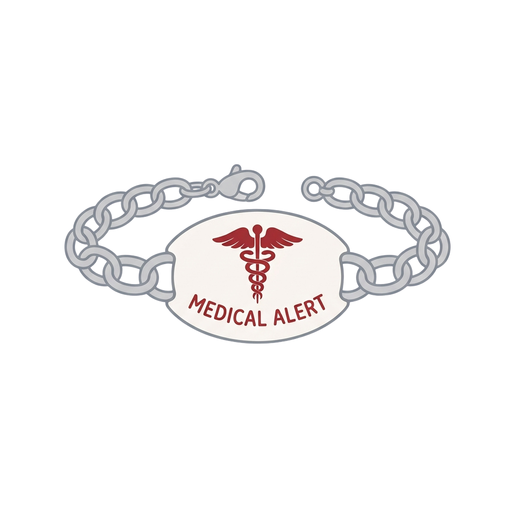 Silver chain bracelet with oval charm displaying a red medical caduceus symbol and Medical Alert text