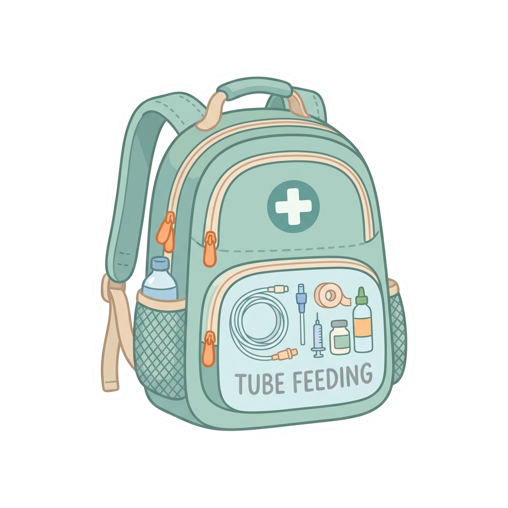 Illustration of a light blue backpack labeled Tube Feeding with medical supplies like syringes and feeding tubes
