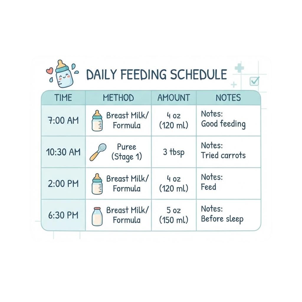 Illustration of a baby feeding schedule showing times, methods, amounts, and notes for breast milk, formula, and puree feedings