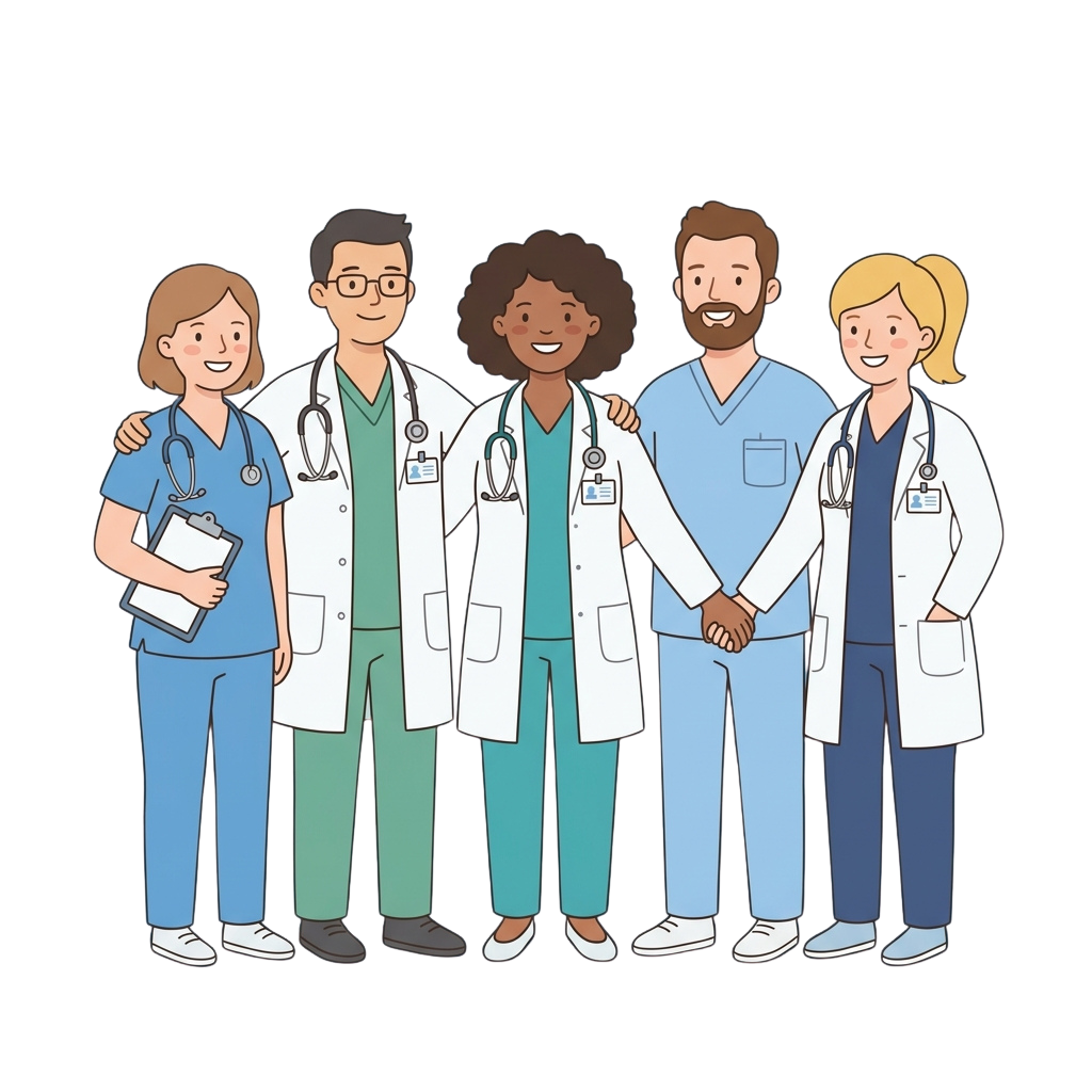 Five smiling medical professionals in scrubs and lab coats standing together with arms around each other