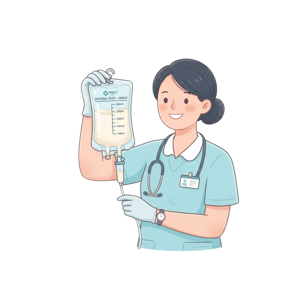 A smiling nurse in uniform holding an enteral feeding bag and tube