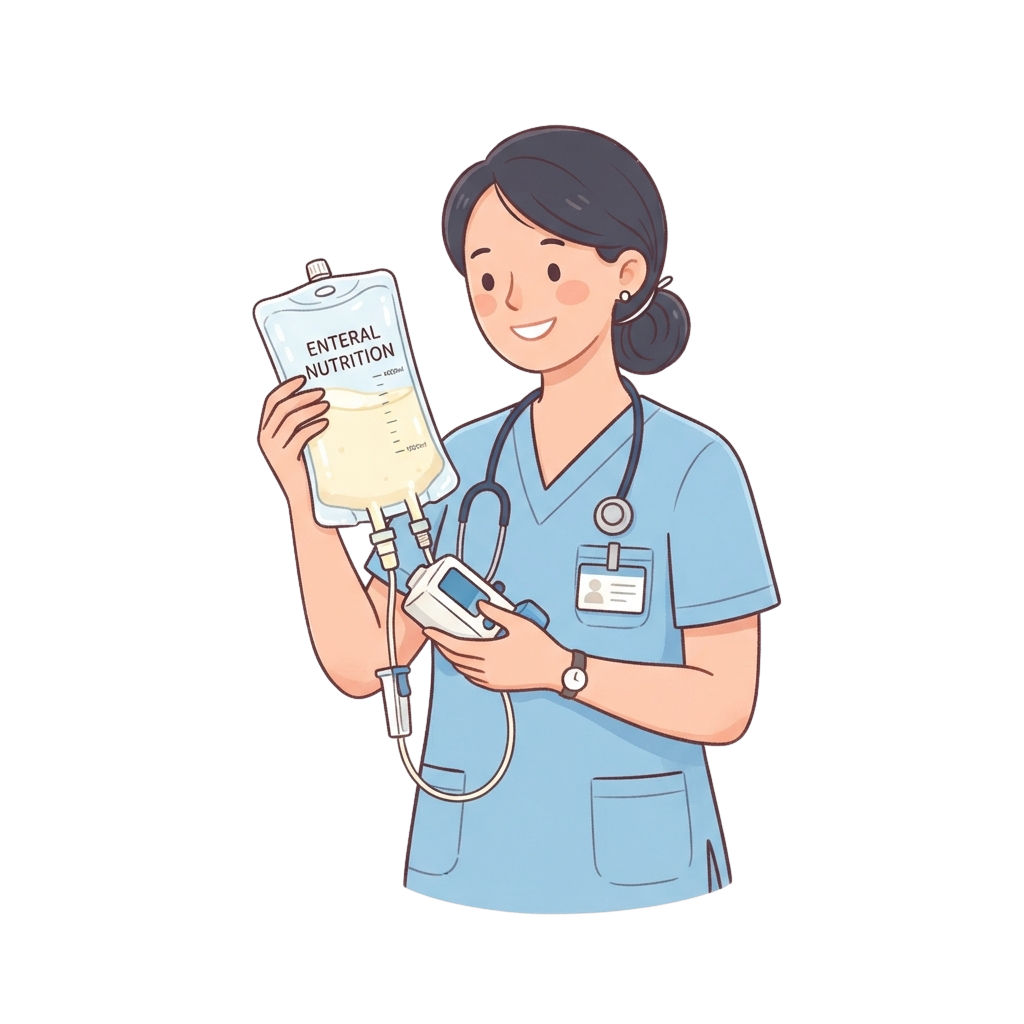 A smiling nurse in blue scrubs holding an enteral nutrition bag and a medical chart.