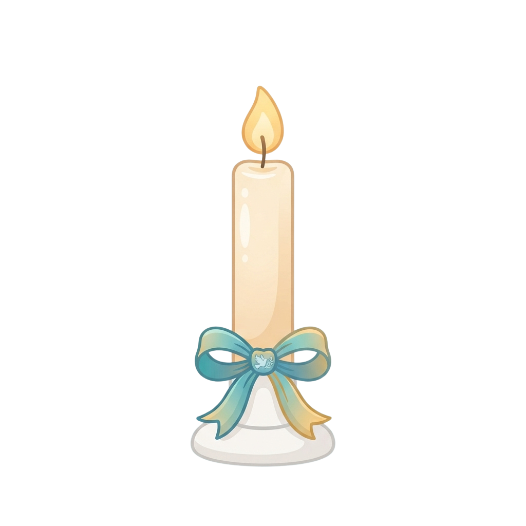 A lit candle with a light blue ribbon tied around its base on a white holder