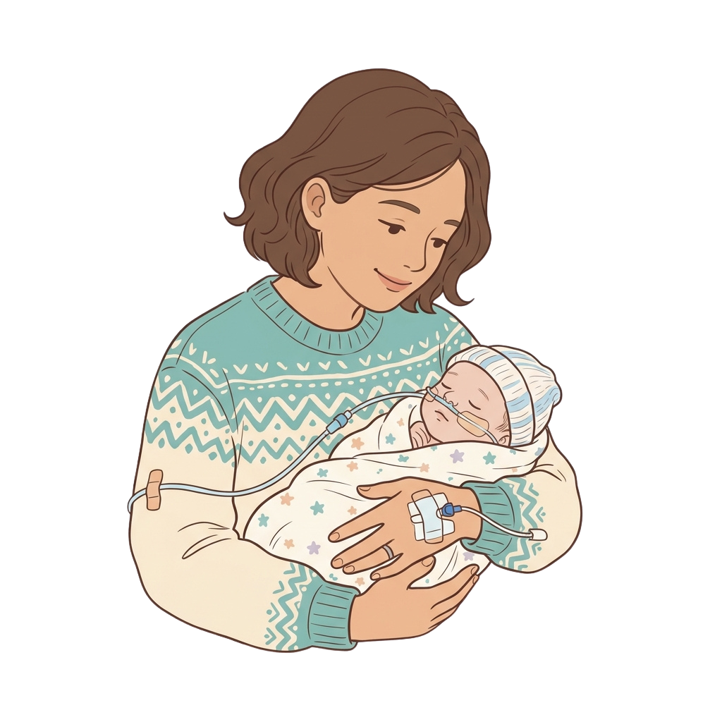 A woman holding a newborn baby wrapped in a blanket with medical monitoring devices attached.