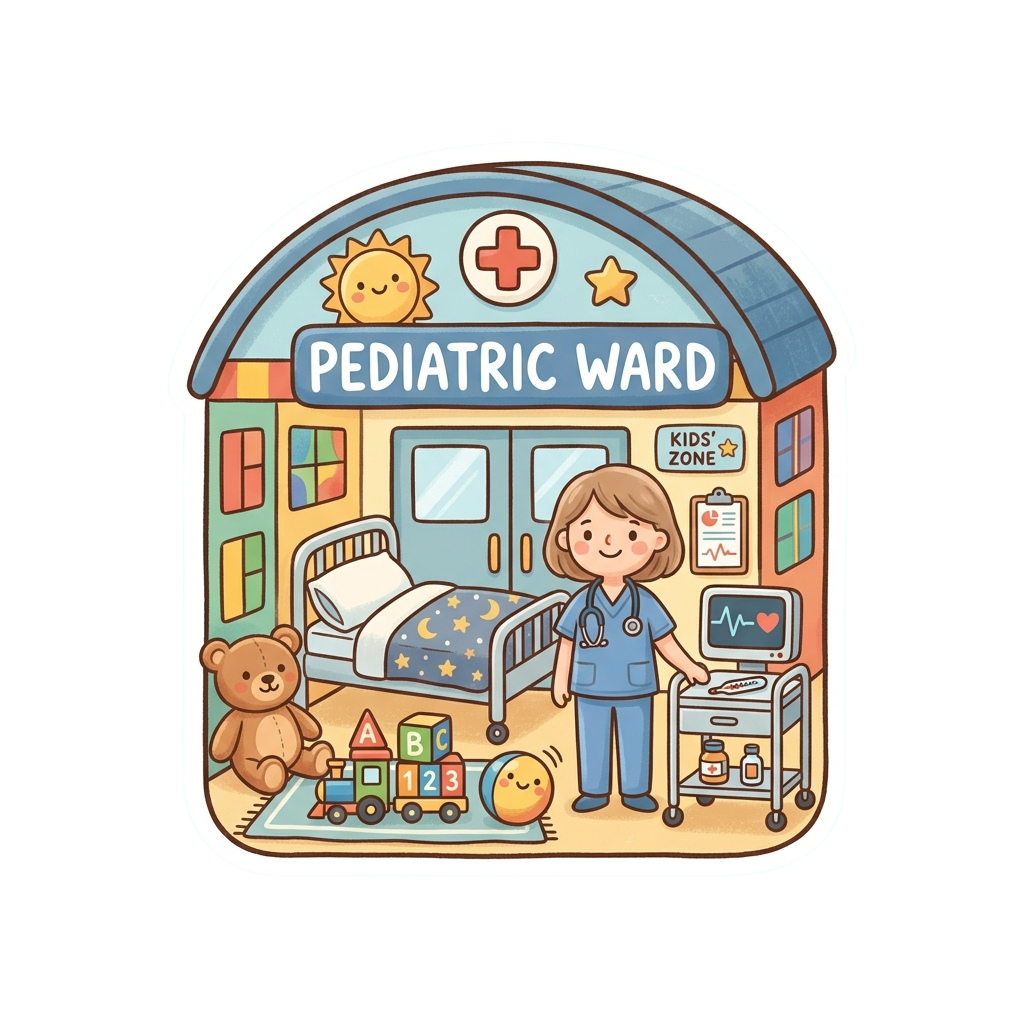 Illustration of a pediatric ward with a nurse, hospital bed, toys, and medical equipment