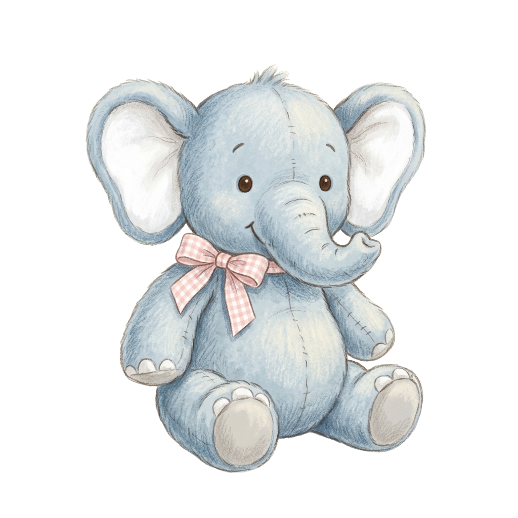 A soft blue baby elephant plush toy sitting and smiling, wearing a pink checkered bow around its neck