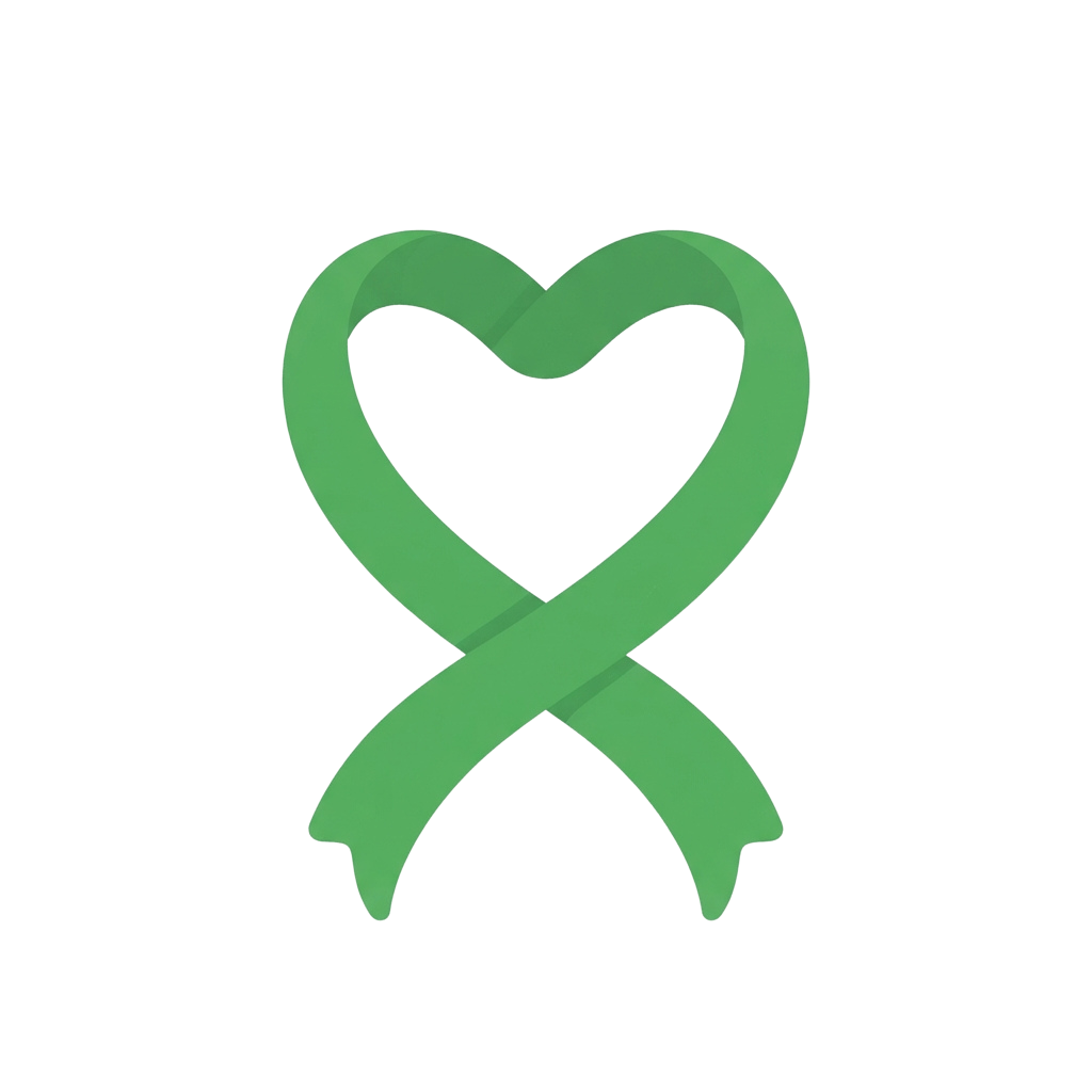 A green ribbon shaped like a heart symbol on a black background
