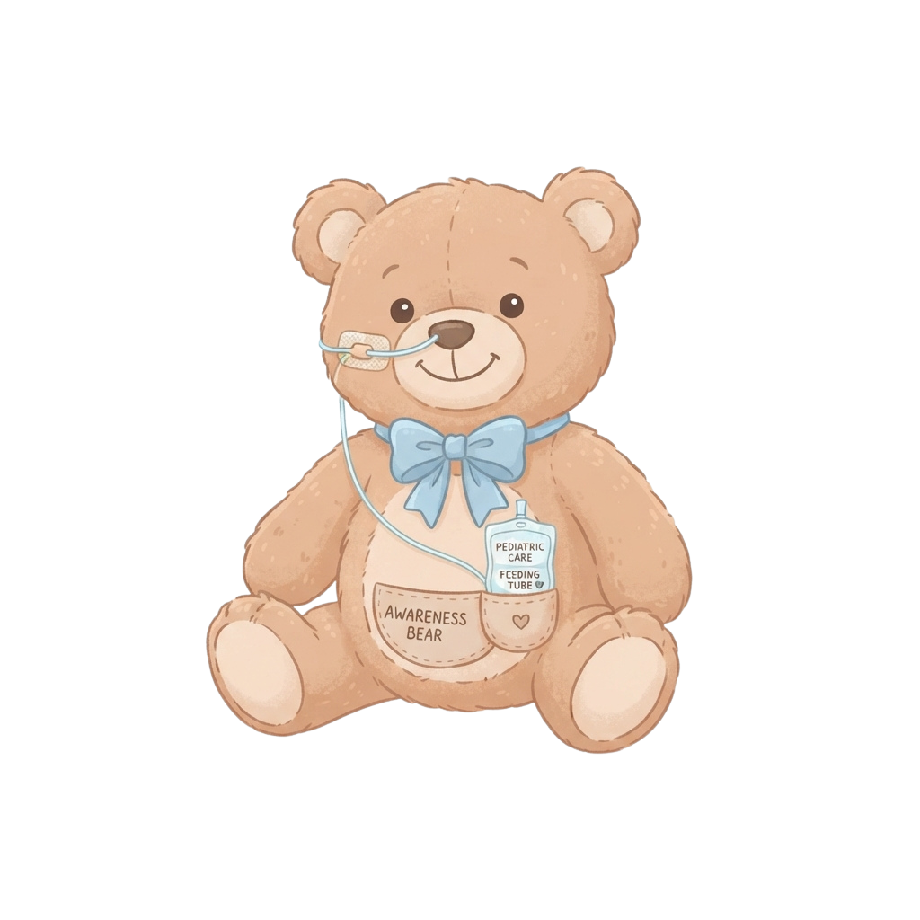 Cute teddy bear with a light blue bow tie and feeding tube, labeled as awareness bear for pediatric feeding tube awareness
