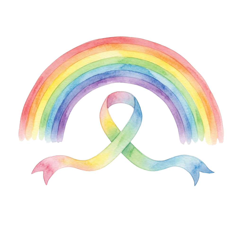 A watercolor ribbon tied into a bow with a rainbow arching above it on a black background