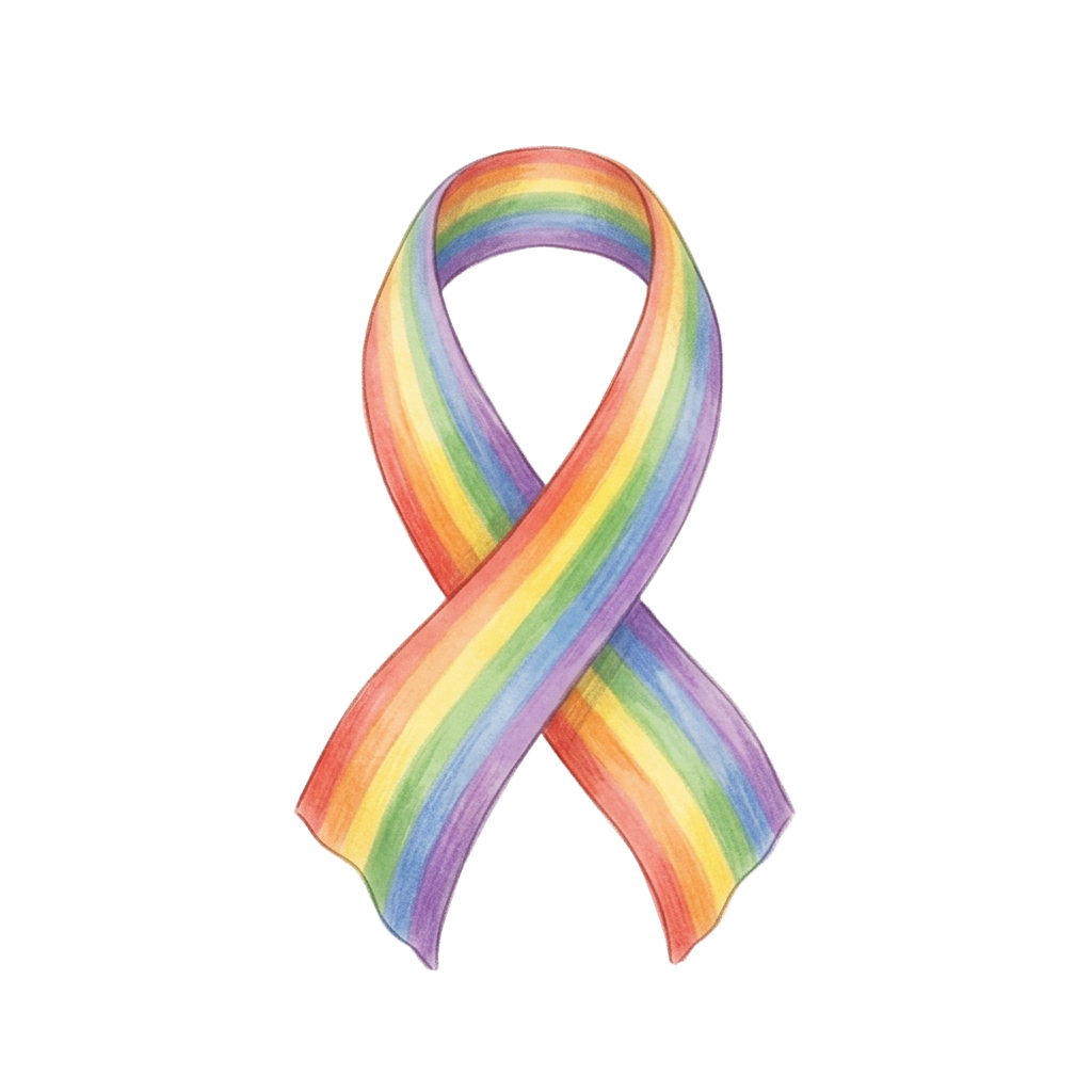 A vibrant rainbow ribbon symbol with six colors against a black background
