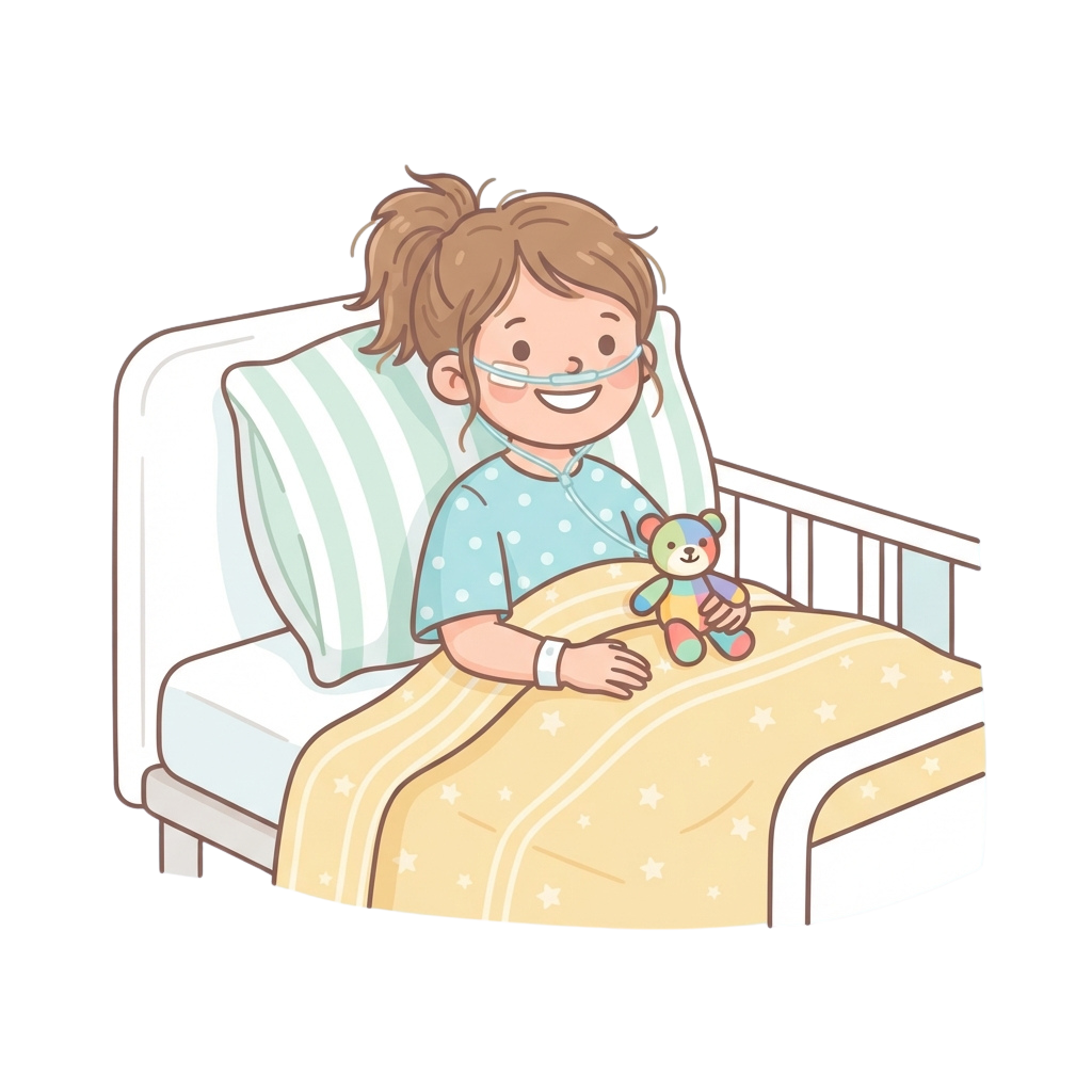 A smiling child in a hospital bed holding a colorful stuffed teddy bear, wearing a medical mask.