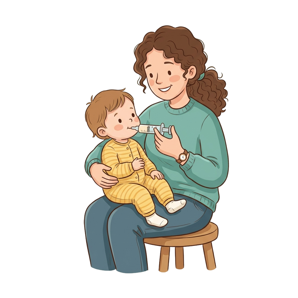 A woman holding a baby while administering a nasal spray vaccine.