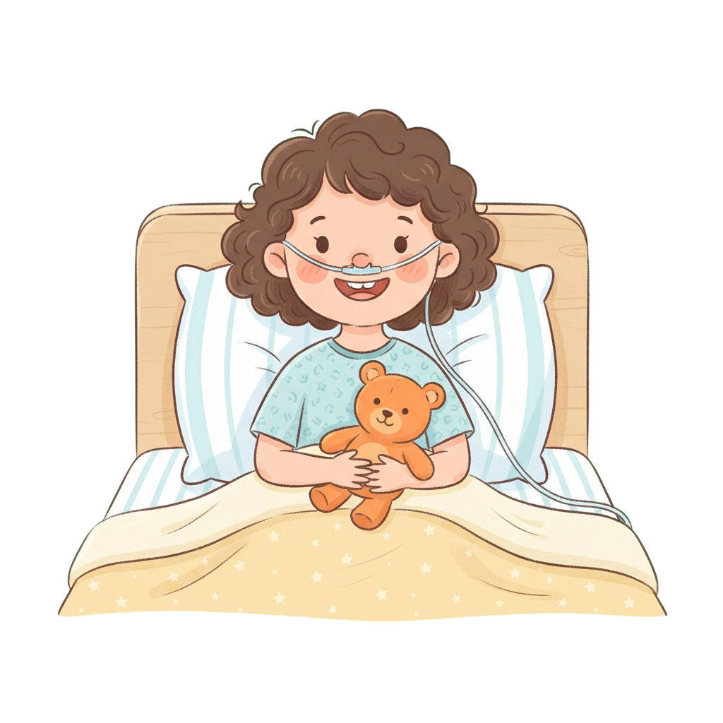 A smiling child holding a teddy bear while lying in a hospital bed with an oxygen tube.
