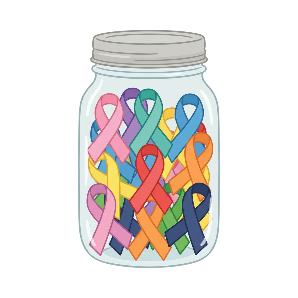 A clear mason jar containing a variety of colorful awareness ribbons.