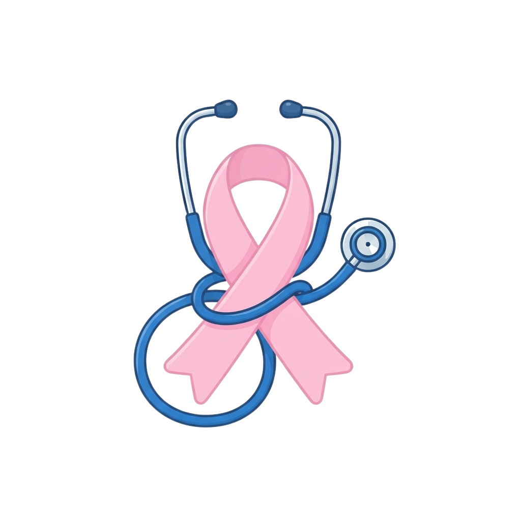 A pink awareness ribbon wrapped around a blue stethoscope on a black background