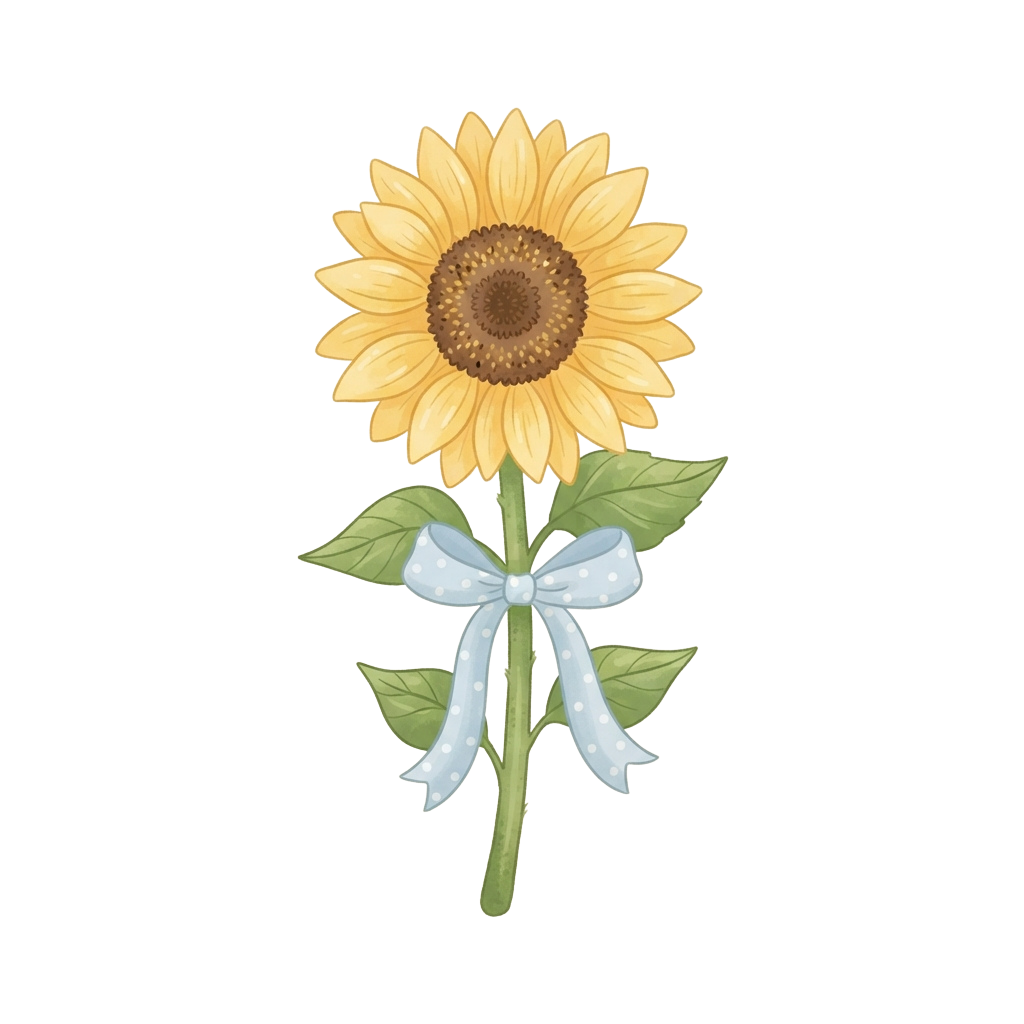 A cheerful sunflower with yellow petals and a brown center tied with a light blue ribbon and white polka dots