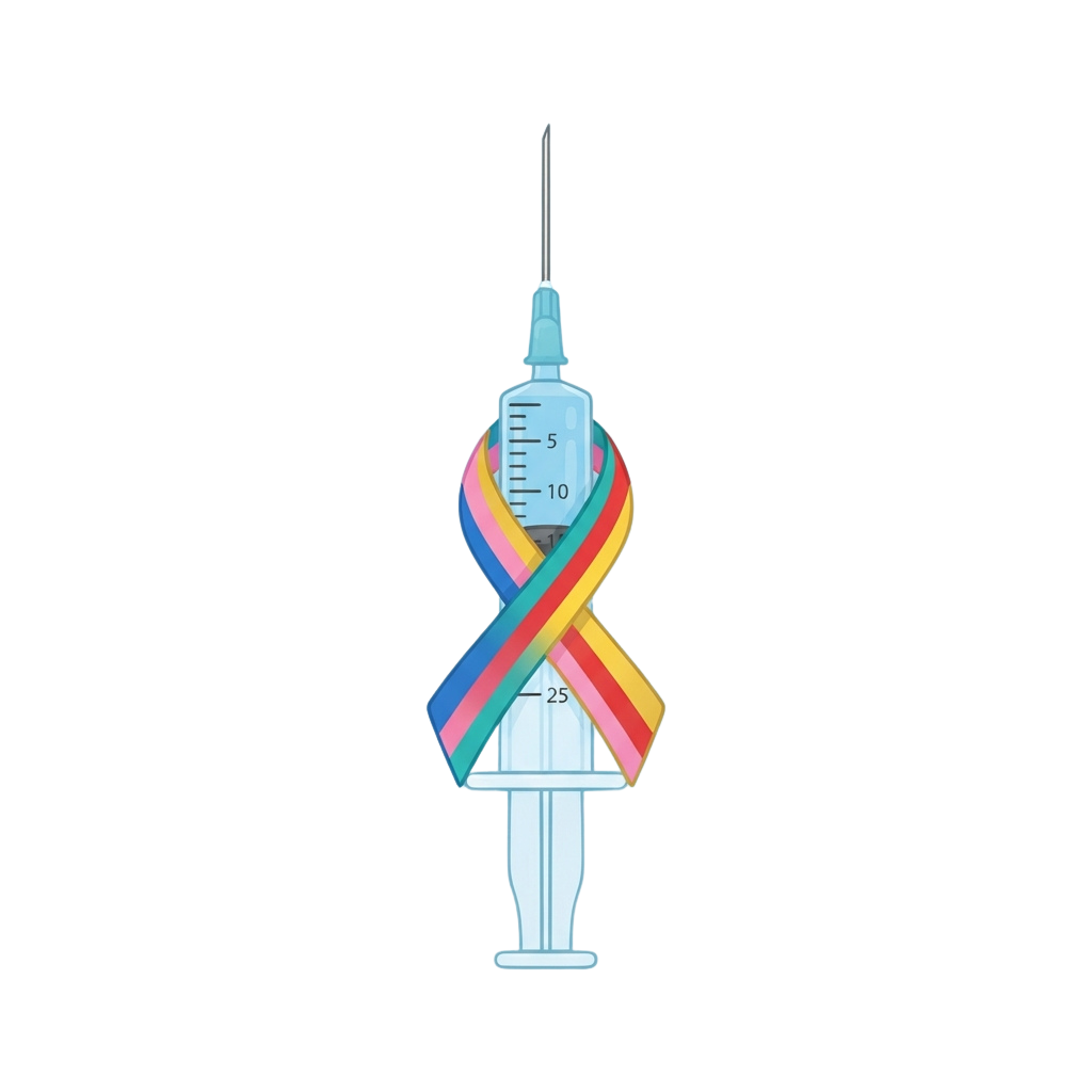 A syringe wrapped with a colorful awareness ribbon featuring rainbow stripes