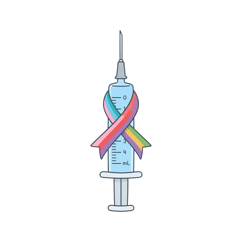 Illustration of a syringe wrapped with a rainbow ribbon symbolizing LGBTQ health awareness