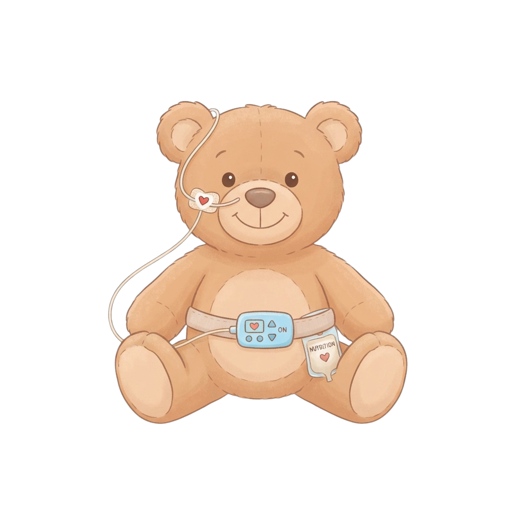 A cartoon teddy bear wearing a medical device around its torso and connected to an IV bag labeled nutrition