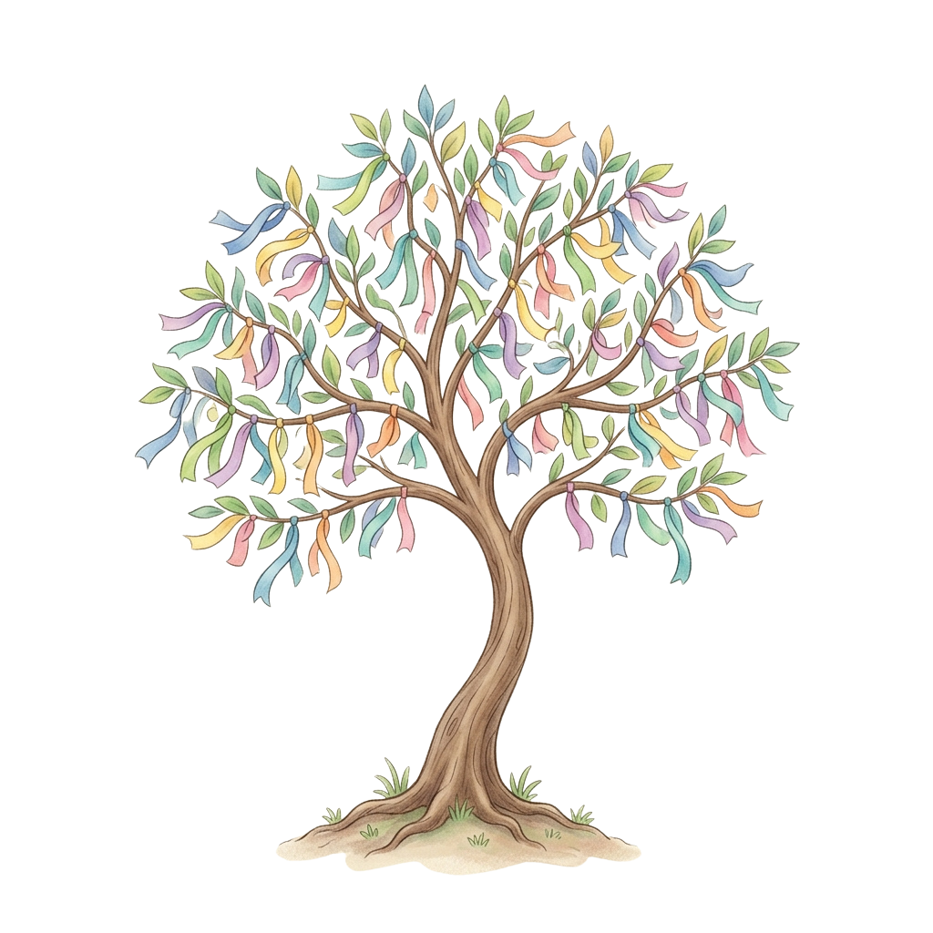 A stylized tree with brown trunk and branches, adorned with multicolored leaves in shades of green, pink, and blue against a black background