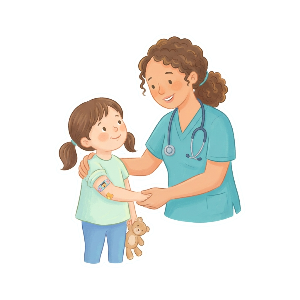 A nurse in a teal uniform comforting a young girl holding a teddy bear during a medical checkup