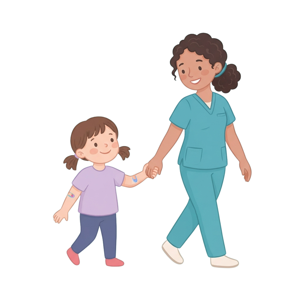 A nurse in scrubs walking and holding hands with a smiling young girl in casual clothes