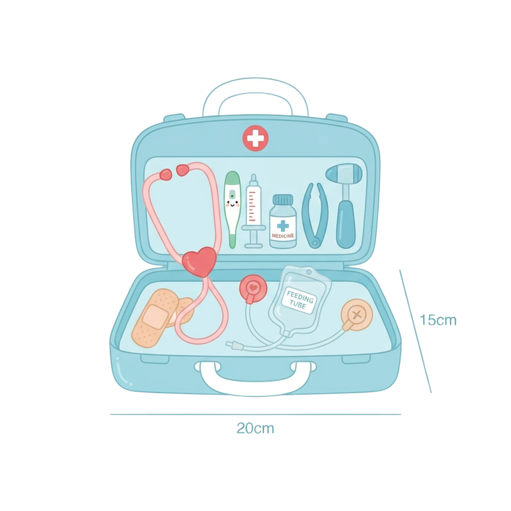 Illustrated medical kit open showing stethoscope, bandages, thermometer, syringe, medicine bottle, feeding tube, and other first aid items
