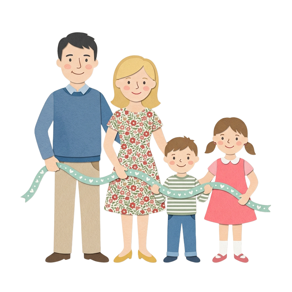 Illustration of a smiling family of four holding green heart-shaped ribbons