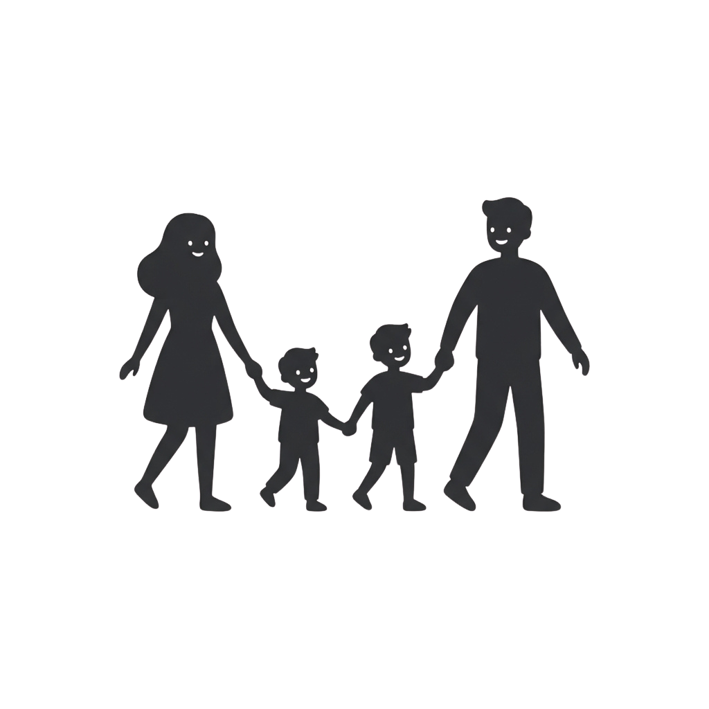 Four silhouetted figures holding hands while walking, including two adults and two children