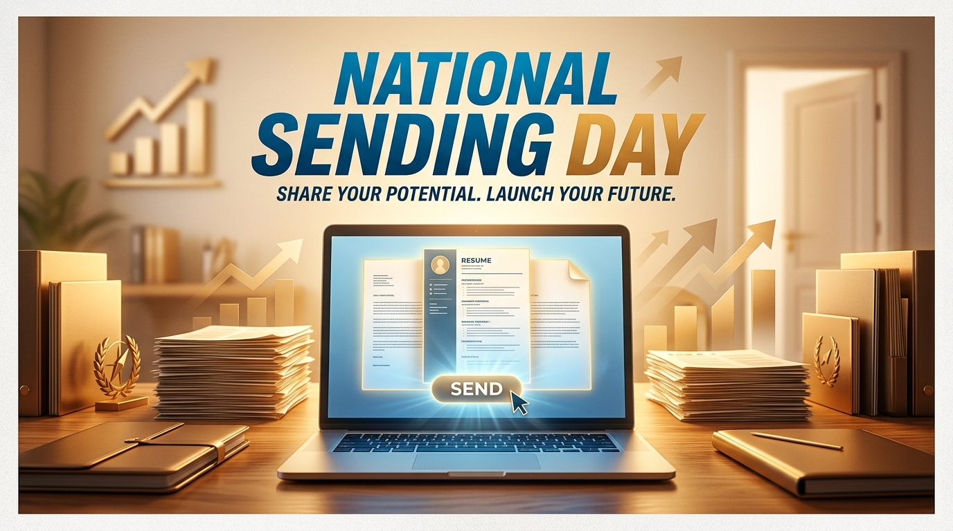 Laptop on a desk with a resume on the screen and stacks of papers around it