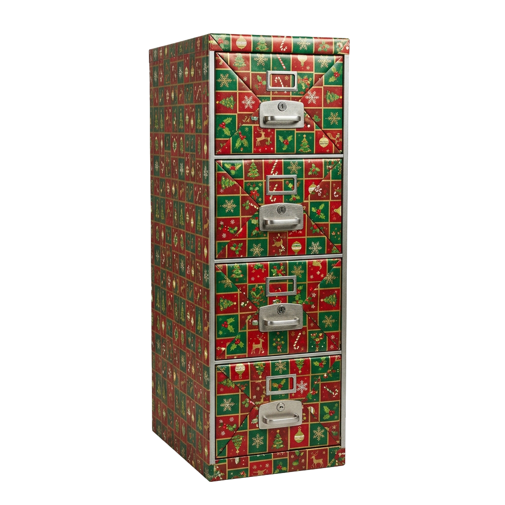 A tall filing cabinet decorated with festive red and green Christmas-themed patterns and four metal drawers.