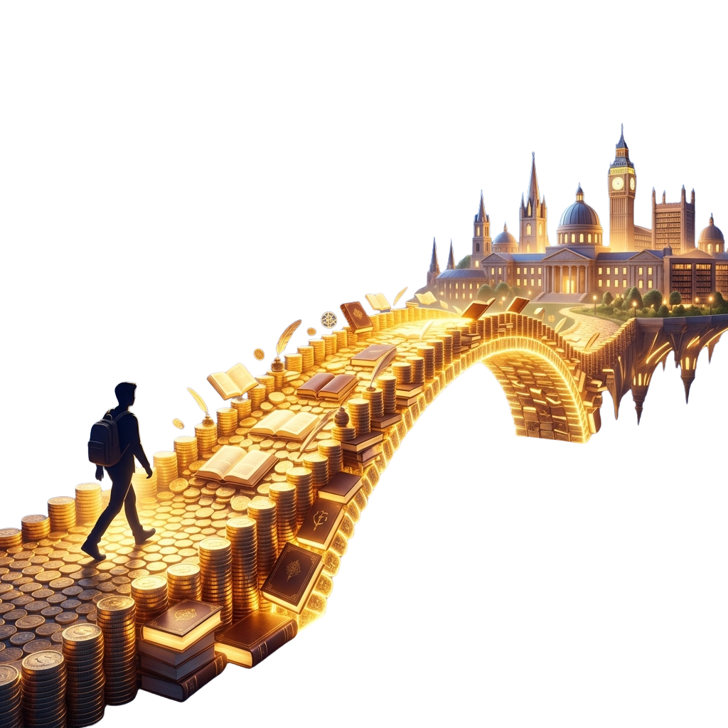 A student walks up a staircase made of gold coins and books, leading toward a glowing cityscape with a bridge.