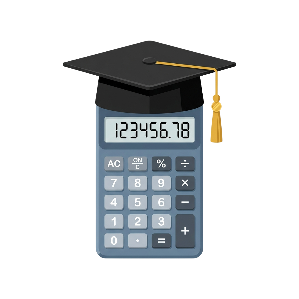 A graduation cap placed on top of a blue calculator displaying 123456.78