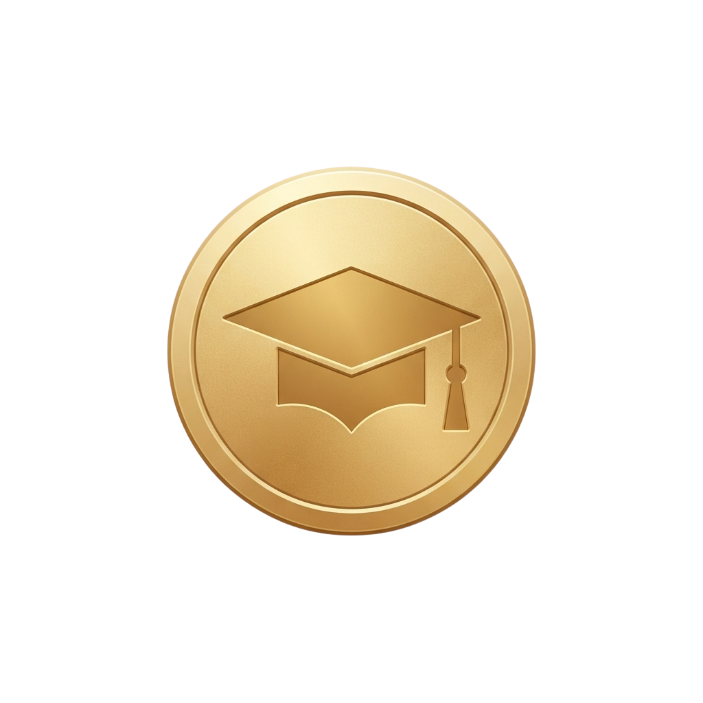 Gold-colored circular badge featuring a graduation cap symbol