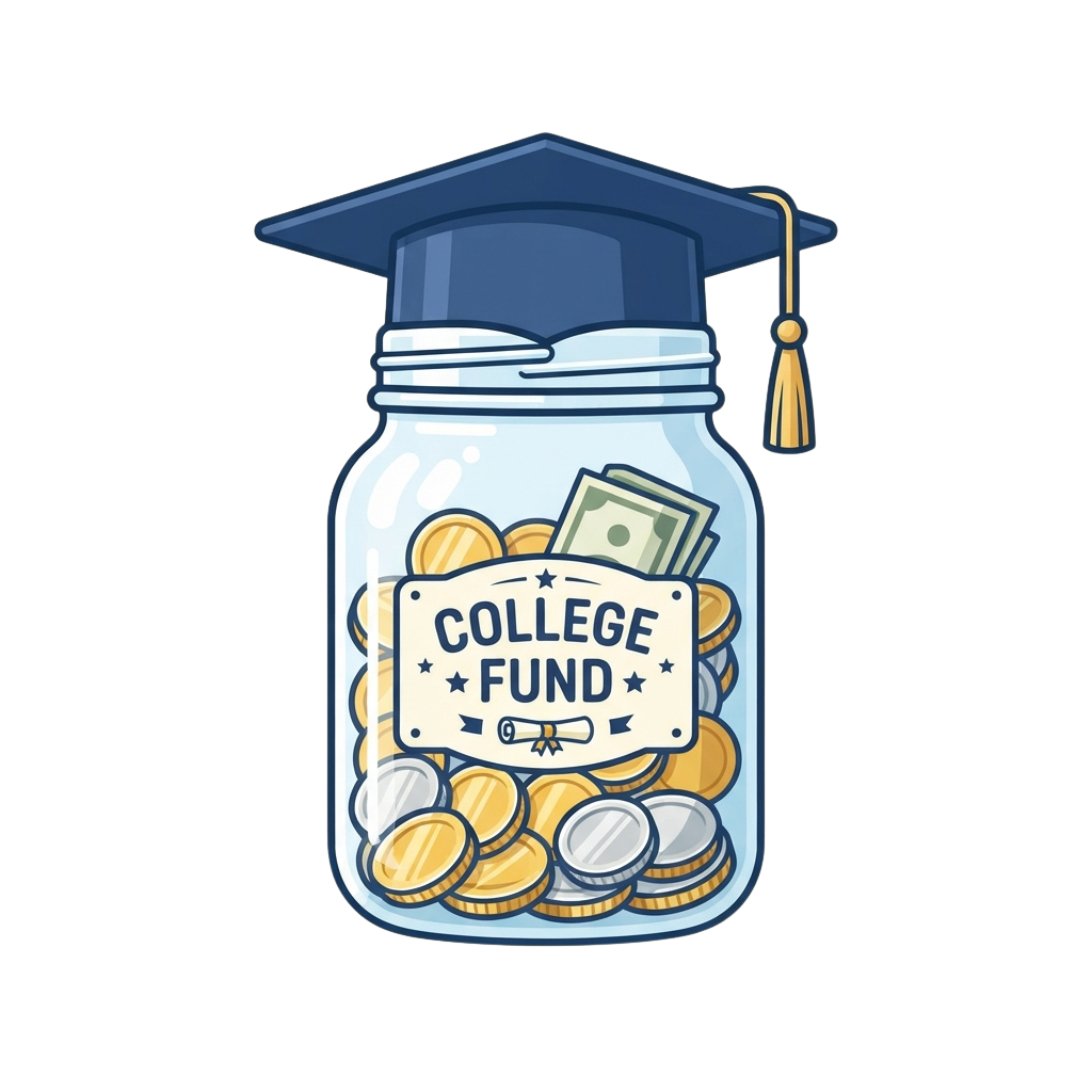 A glass jar labeled College Fund filled with coins and bills, topped with a graduation cap