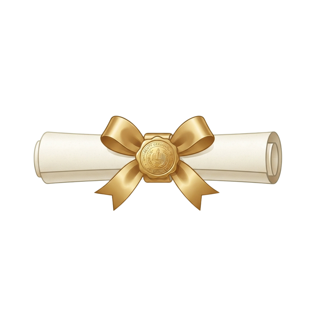 A rolled diploma with a gold ribbon bow and a circular gold seal in the center