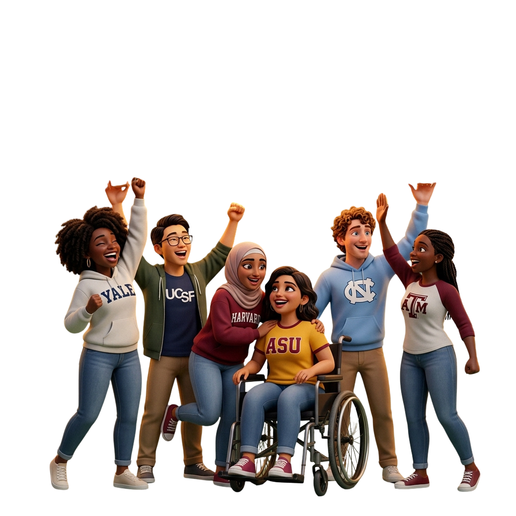 Five diverse students in university hoodies celebrating with joyful expressions, one in a wheelchair