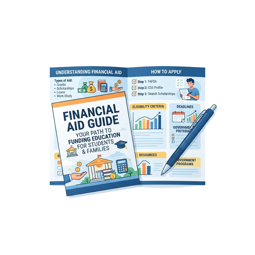 Illustrated guide showing financial aid types, application steps, and resources for students and families