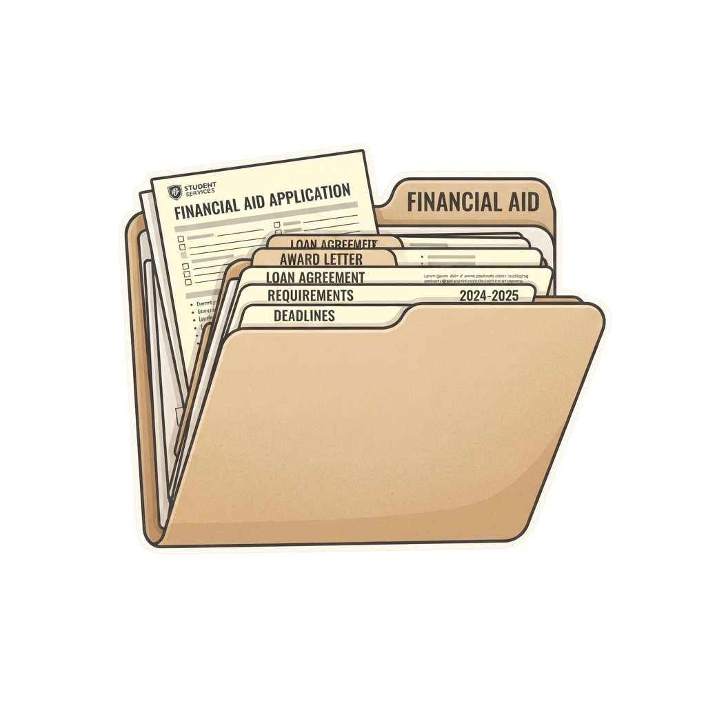 Folder labeled Financial Aid containing documents like application, loan agreements, award letter, requirements, and deadlines