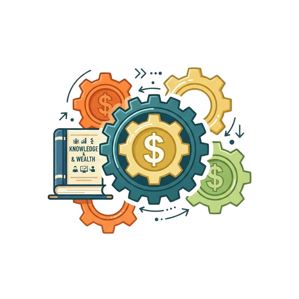 Illustration of interlocking gears with dollar signs and a book labeled Knowledge and Wealth